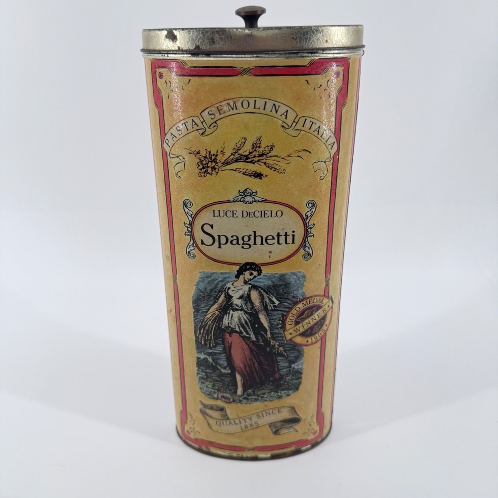 Bristolware Spaghetti Tin Luce DeCielo Pasta Canister Metal Cream Vintage 11x5
